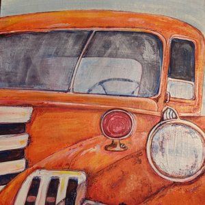ACRYLIC PAINTING on Canvas Board 10" x 12" Rusty Orange Antique Farm Truck ORIGI